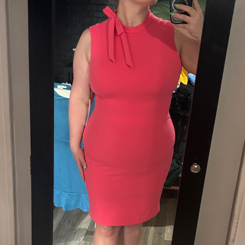 Calvin Klein Coral-Pink Sleeveless Tie-Neck Sheath Dress